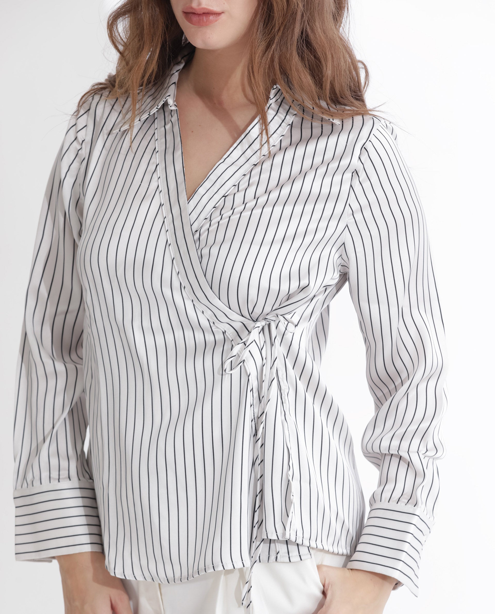 Rareism Women's Arzoo White Polyester Johnny Collar Striped Regular Fit Top