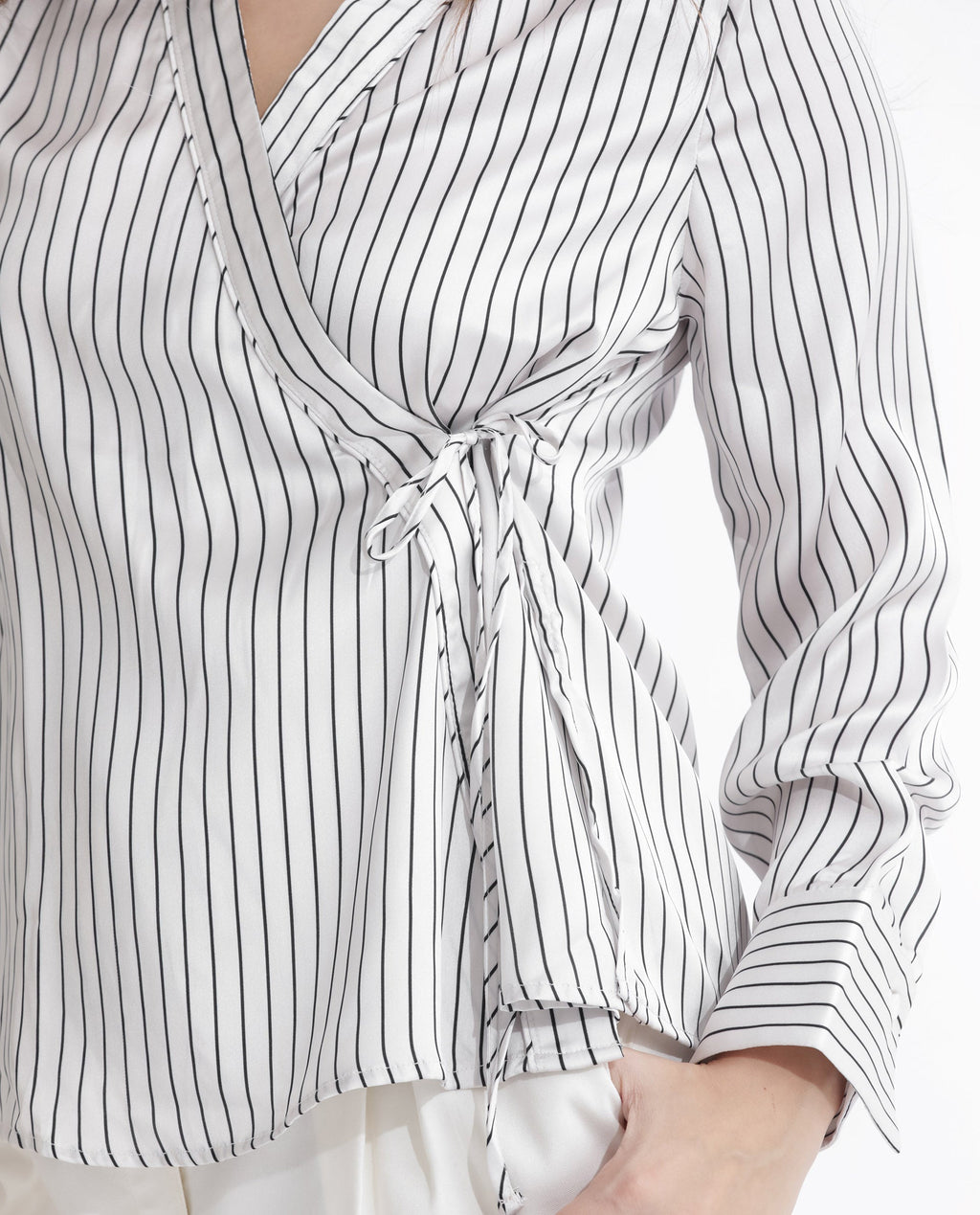 Rareism Women's Arzoo White Polyester Johnny Collar Striped Regular Fit Top