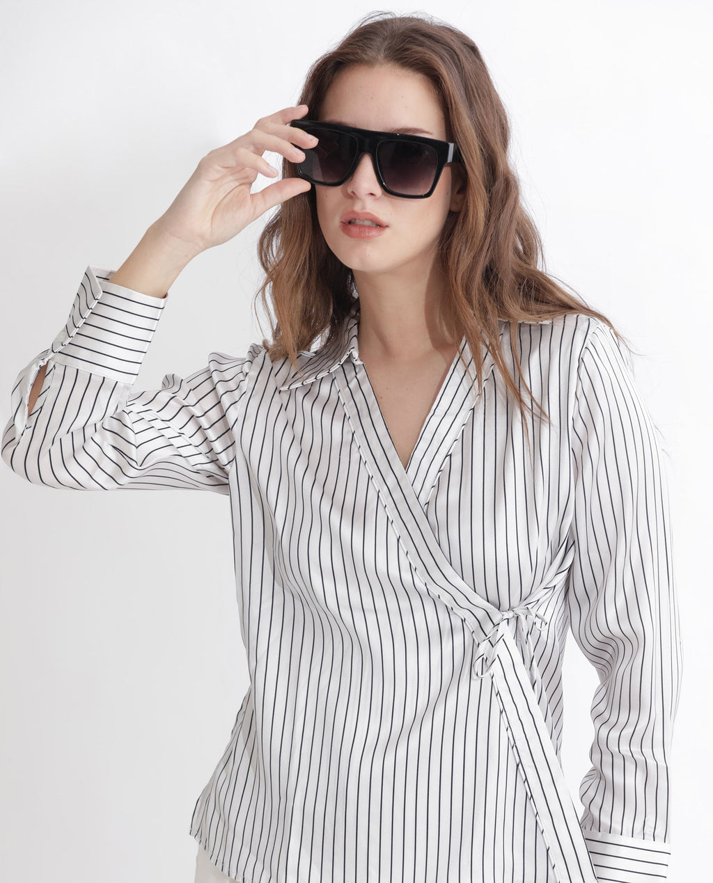 Rareism Women's Arzoo White Polyester Johnny Collar Striped Regular Fit Top