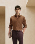 Rare Rabbit Men's Aston Dusky Brown Polyester Blend Spread Collar Button Regular Plain Shirt