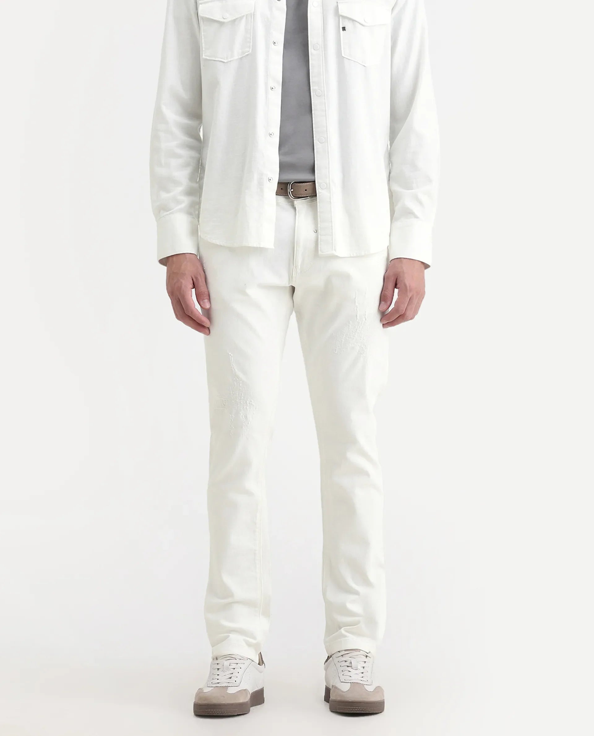 Rare Rabbit Men's Astral White Cotton Plain Hawk Slim Fit Jeans
