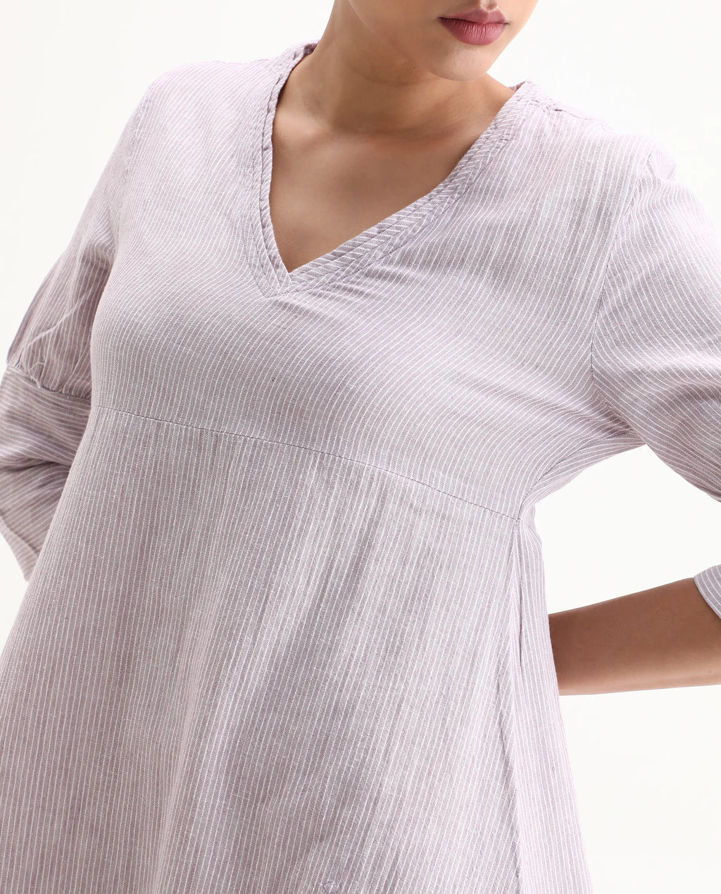 Rareism Women's Astrid Purple Linen V-Neck Striped Knee Length Regular Fit Dress