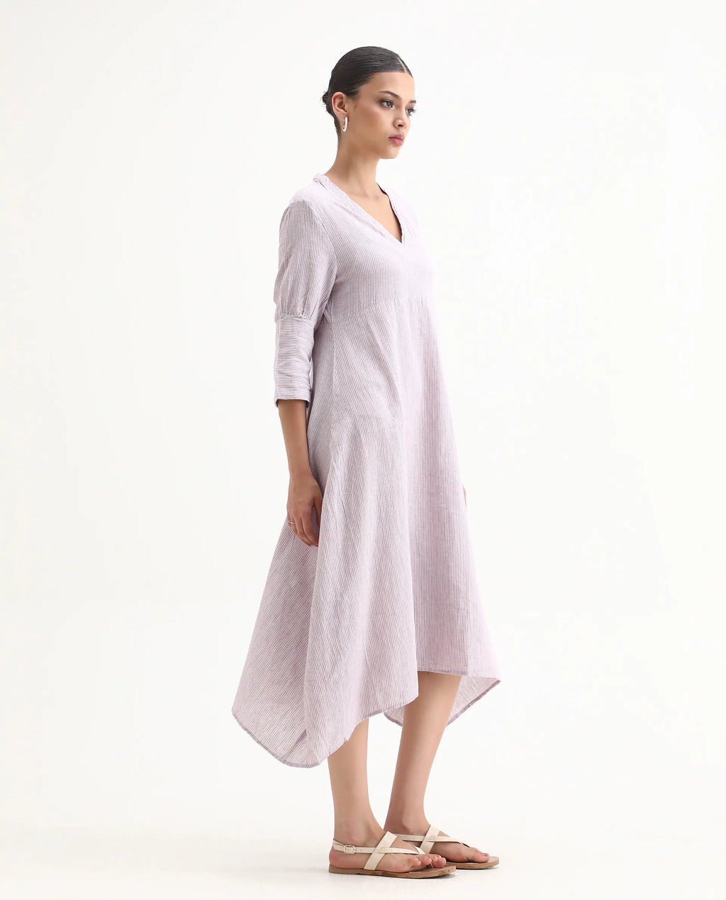 Rareism Women's Astrid Purple Linen V-Neck Striped Knee Length Regular Fit Dress