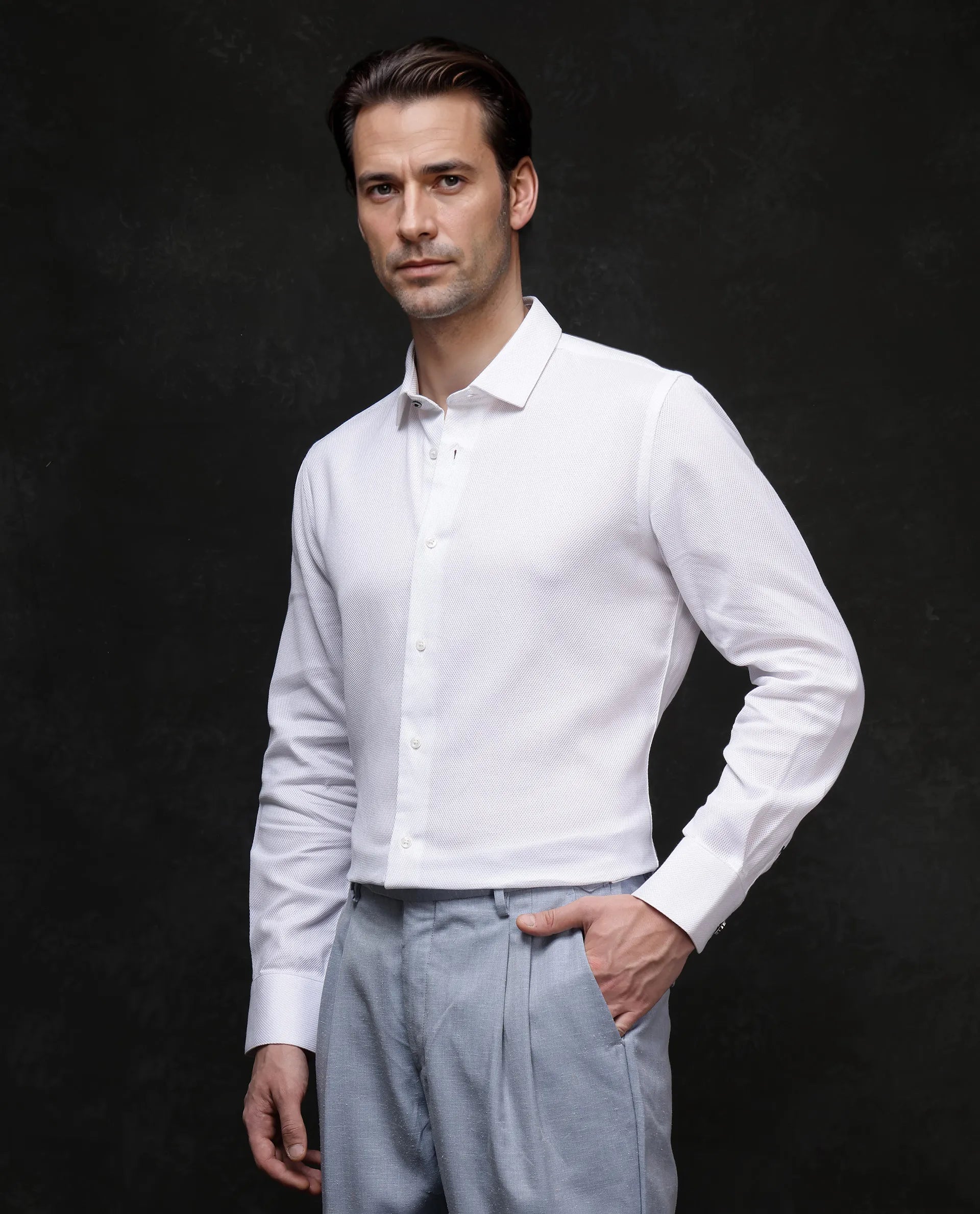 Rare Rabbit Men's Astron-1 White Cotton Plain Regular Fit Full Sleeve Collared Shirt