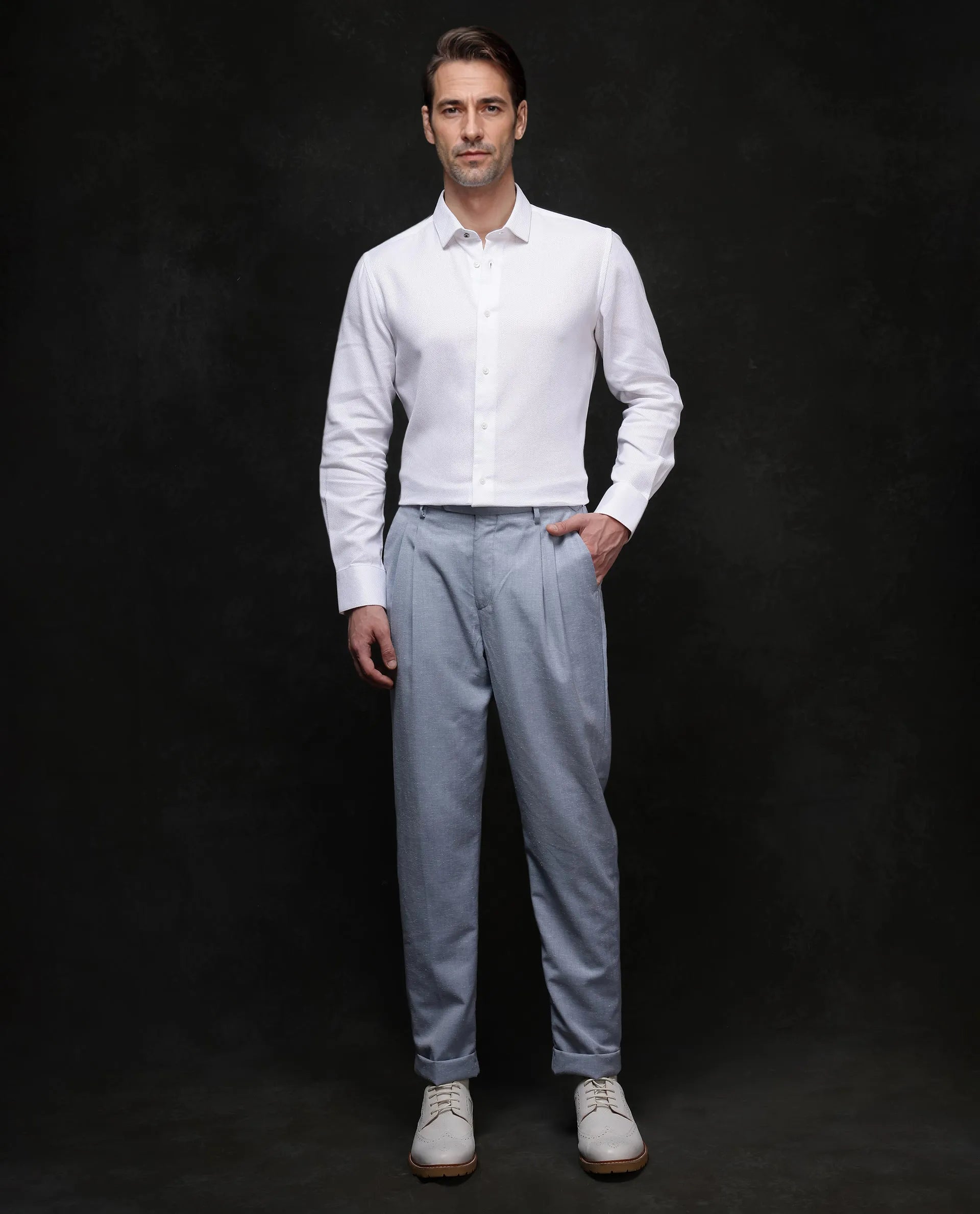 Rare Rabbit Men's Astron-1 White Cotton Plain Regular Fit Full Sleeve Collared Shirt