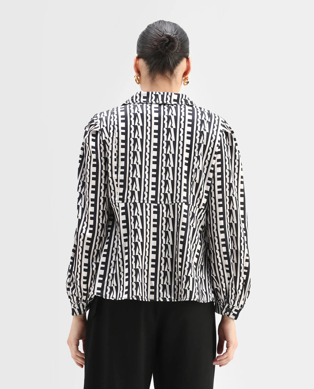 Rareism Women's Atlanti Black Polyester Spread Collar Geometric Print Relaxed Fit Top