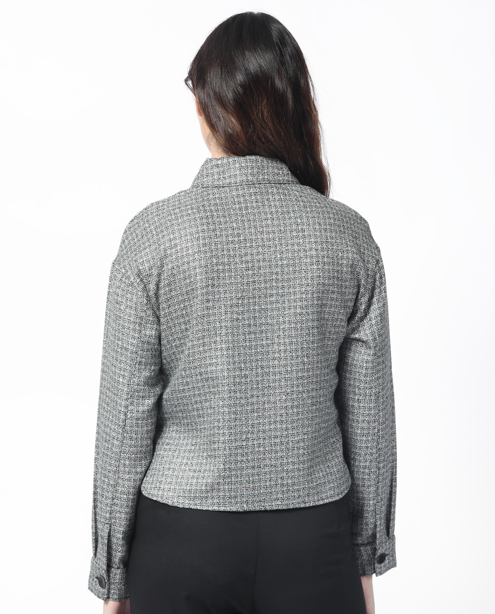 Rareism Women's Atmos Black Polyester Spread Collar Textured Regular Fit Jacket