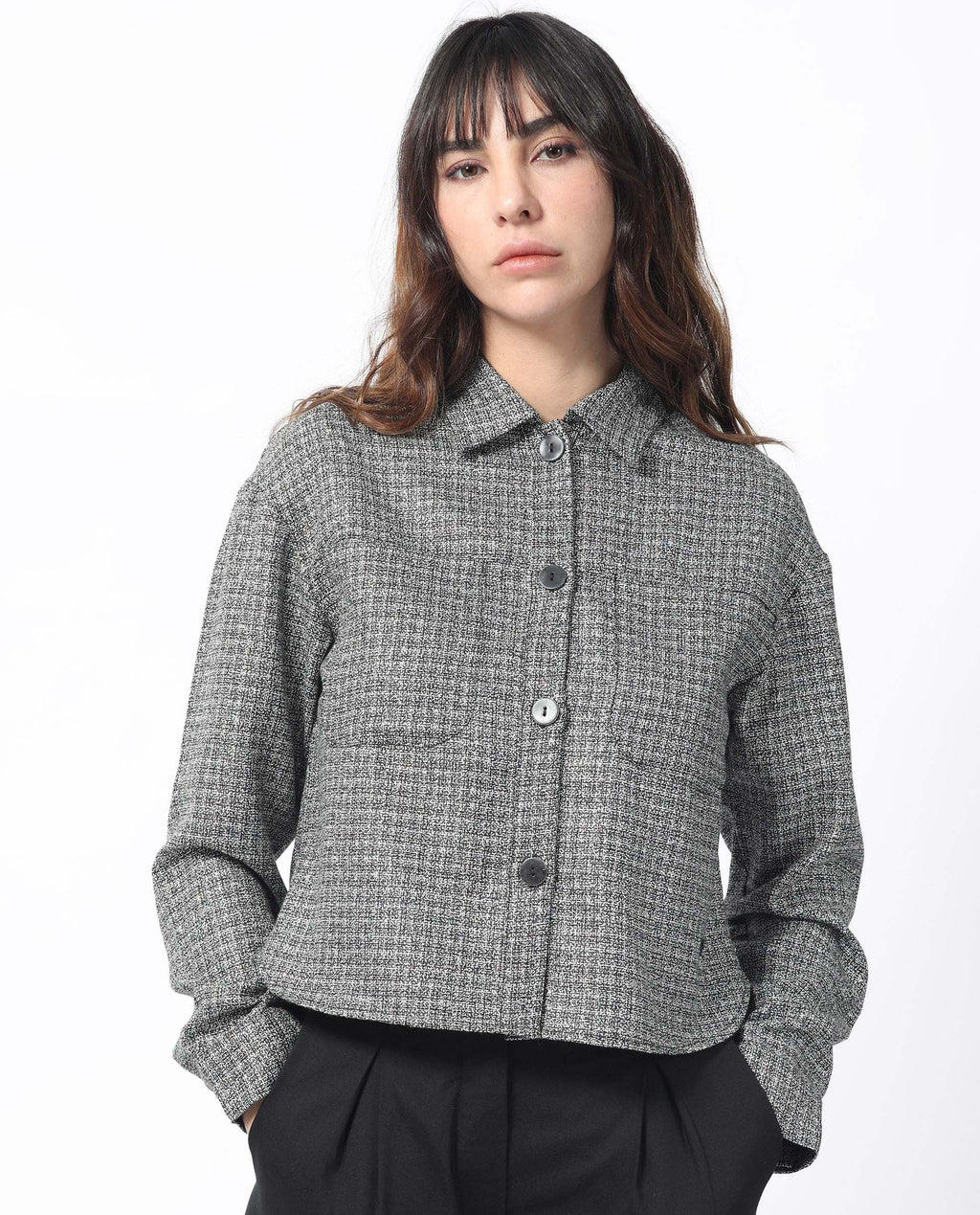 Rareism Women's Atmos Black Polyester Spread Collar Textured Regular Fit Jacket