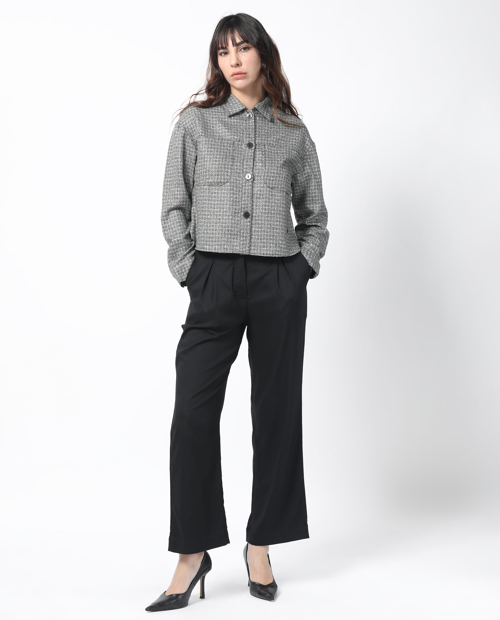 Rareism Women's Atmos Black Polyester Spread Collar Textured Regular Fit Jacket