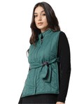 Rareism Women's Aurora Green Polyester High Neck Plain Sleeveless Regular Fit Jacket