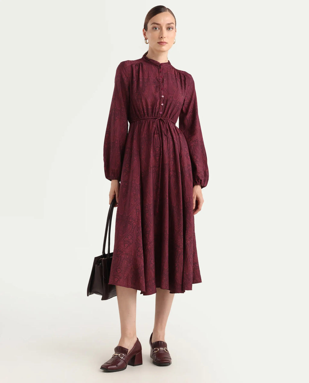 Rareism Women's Austo Maroon Viscose Blend Mandarin Collar Fit And Flare Paisley Print Dress