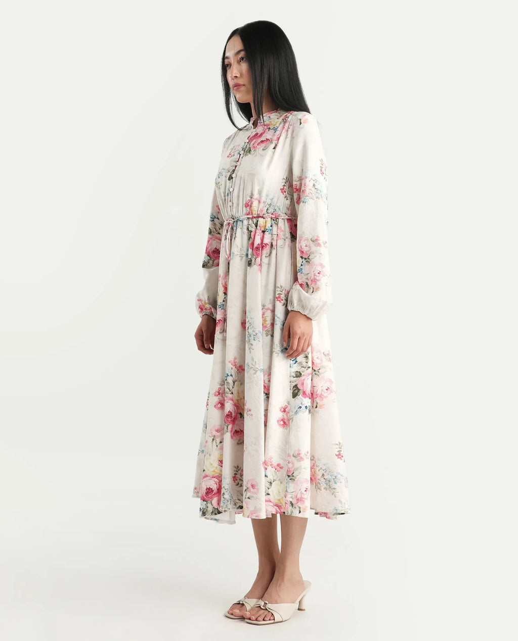 Rareism Women's Austom Beige Viscose Blend Mandarin Collar Fit And Flare Printed Dress