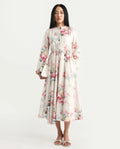 Rareism Women's Austom Beige Viscose Blend Mandarin Collar Fit And Flare Printed Dress