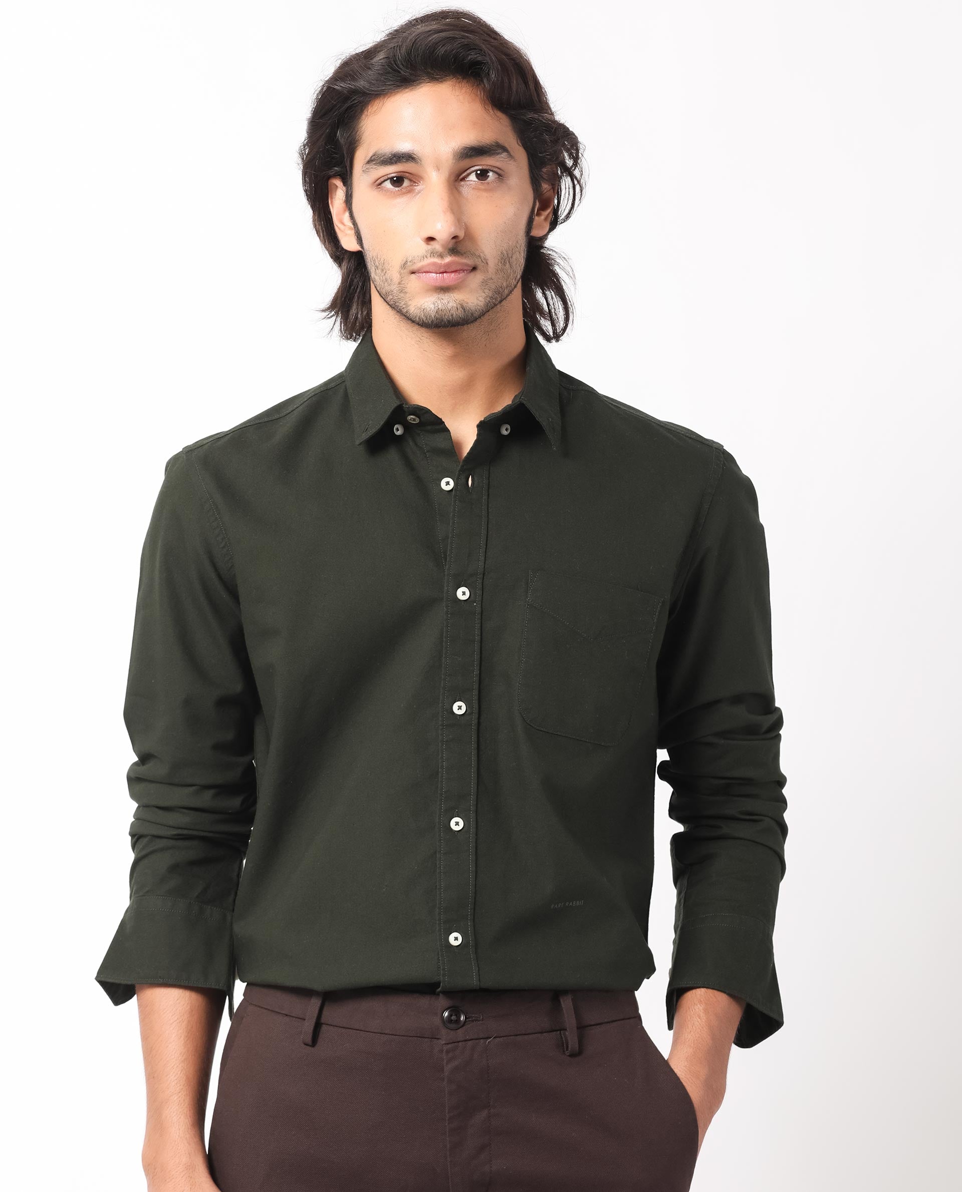 Rare Rabbit Men's Auxfo Dark Green Cotton Plain Regular Fit Full Sleeve Button-Down Collar Shirt
