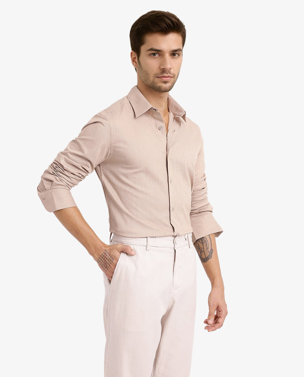 Rare Rabbit Men's Auxon Khaki Cotton Textured Regular Fit Full Sleeve Collared Shirt