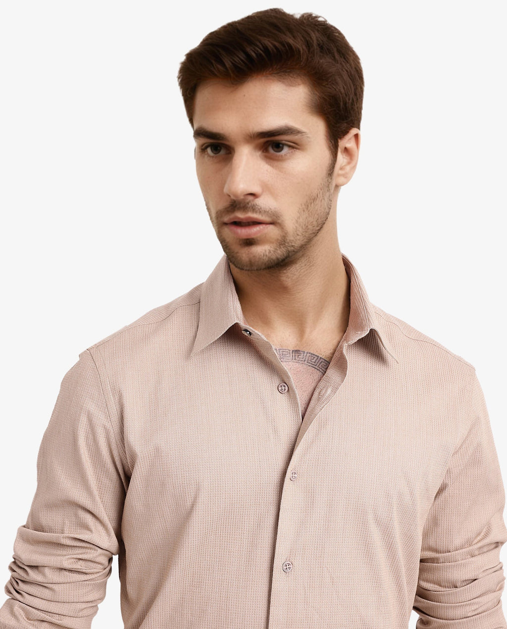 Rare Rabbit Men's Auxon Khaki Cotton Textured Regular Fit Full Sleeve Collared Shirt