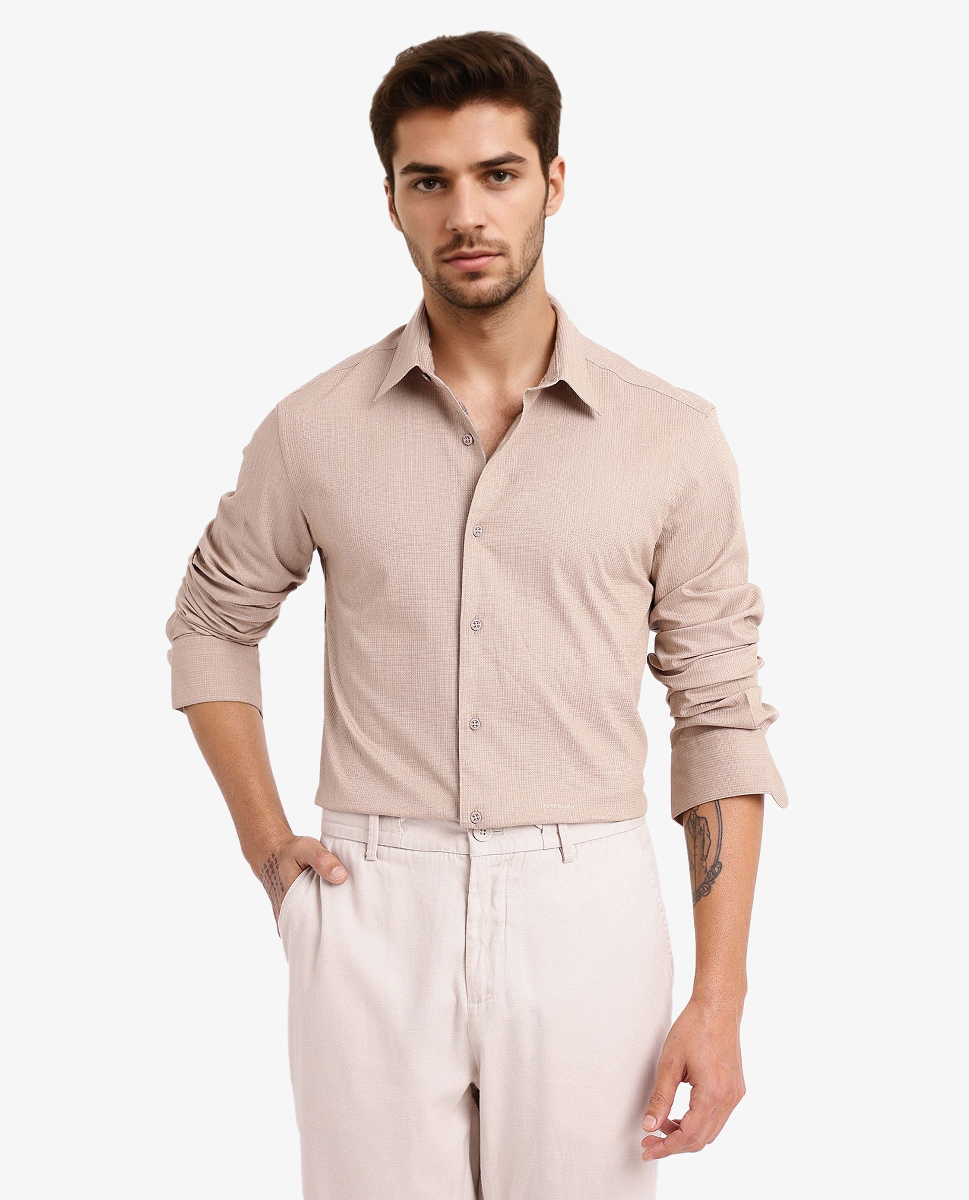 Rare Rabbit Men's Auxon Khaki Cotton Textured Regular Fit Full Sleeve Collared Shirt