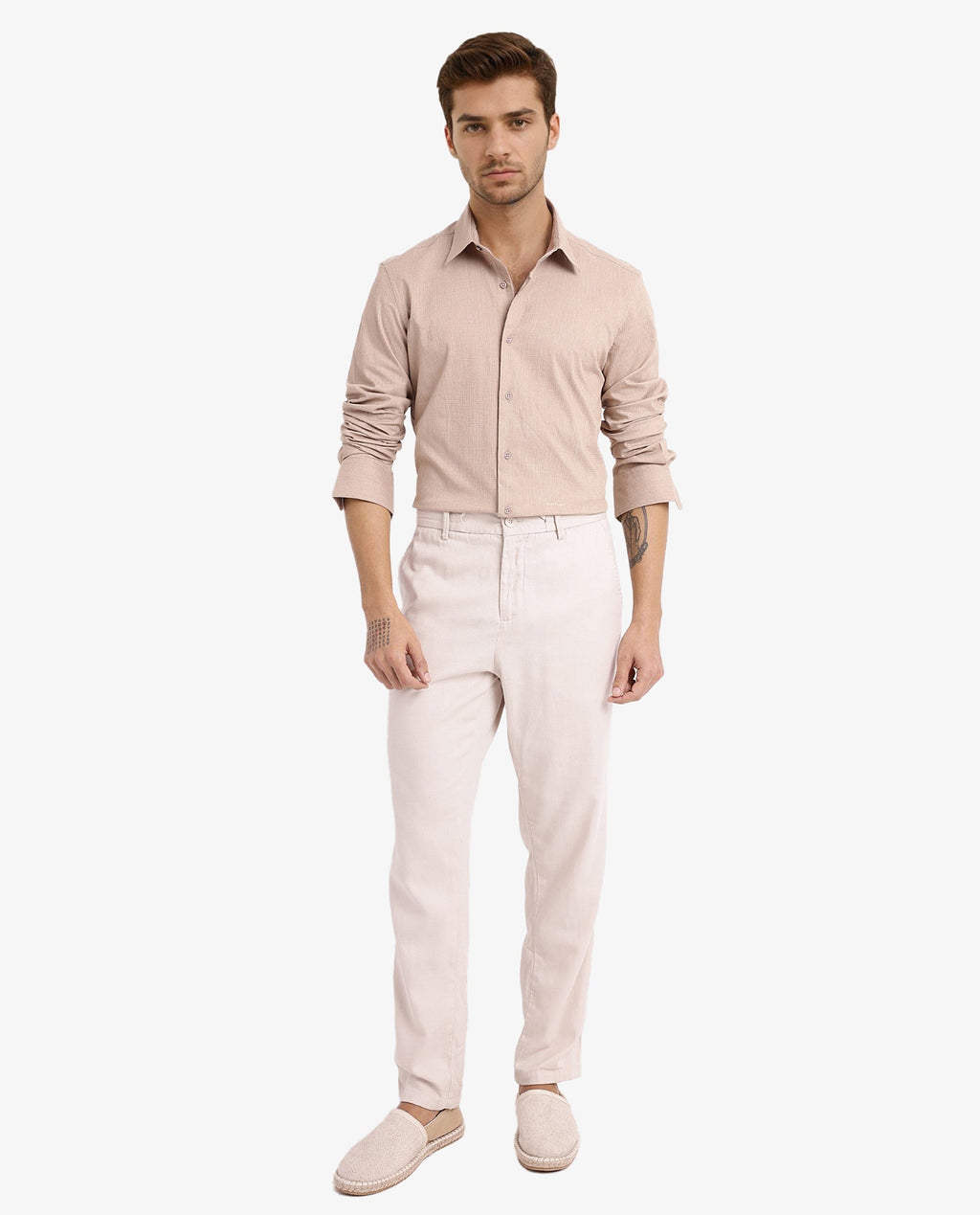 Rare Rabbit Men's Auxon Khaki Cotton Textured Regular Fit Full Sleeve Collared Shirt