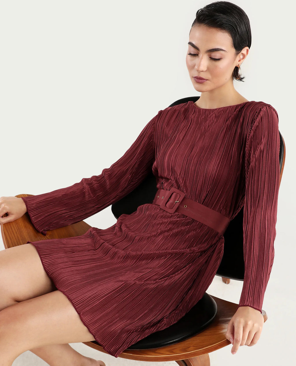 Rareism Women's Averna Brown Polyester Boat Neck Plain Mini Straight Fit Dress