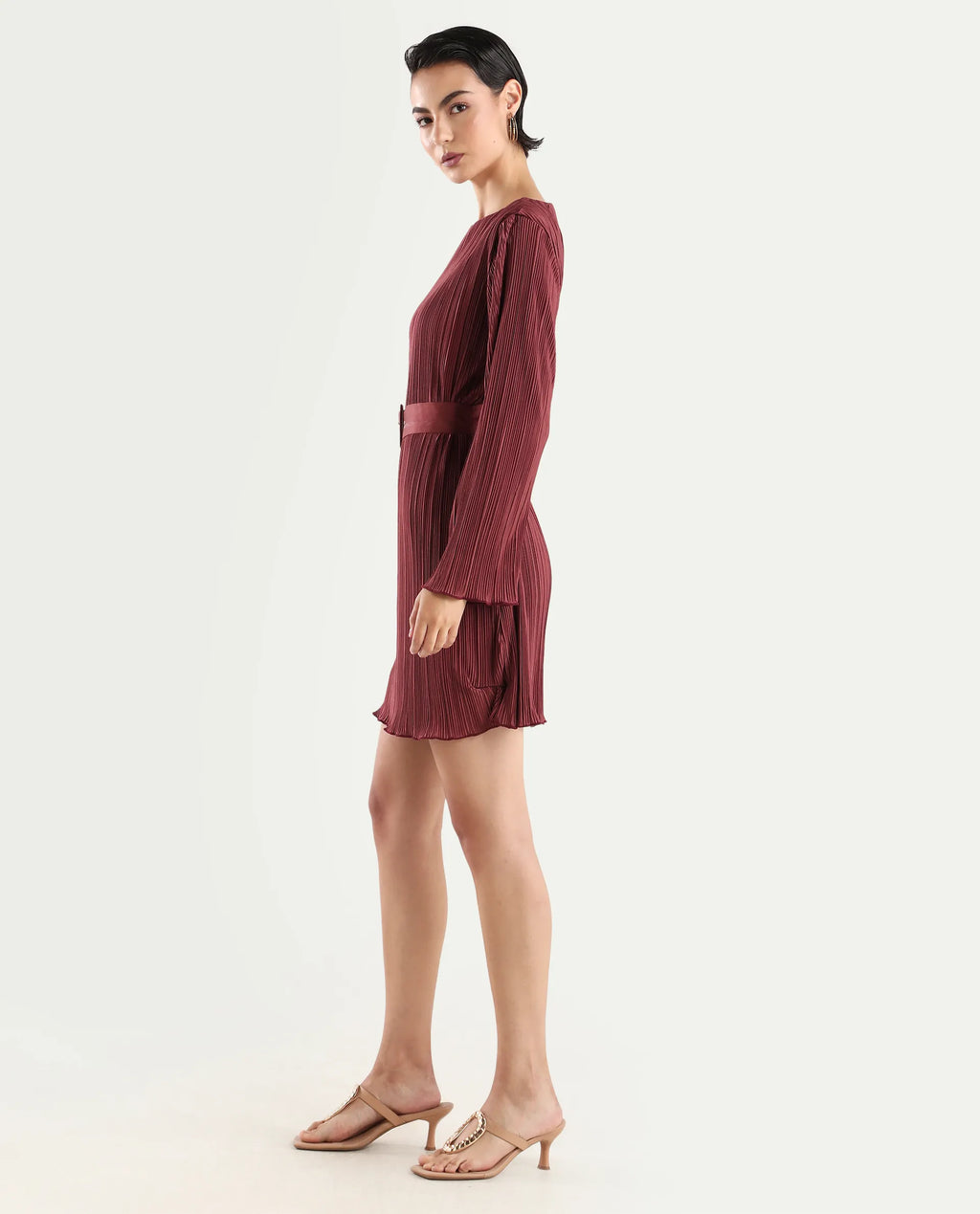 Rareism Women's Averna Brown Polyester Boat Neck Plain Mini Straight Fit Dress