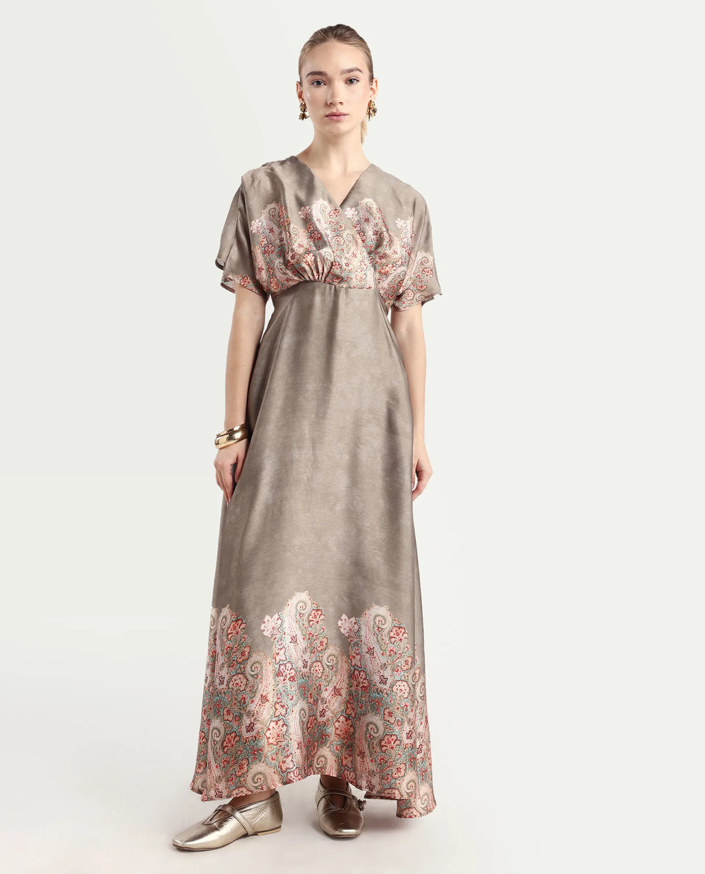 Rareism Women Avibit Olive V-Neck Zipper Flared Maxi Printed Dress