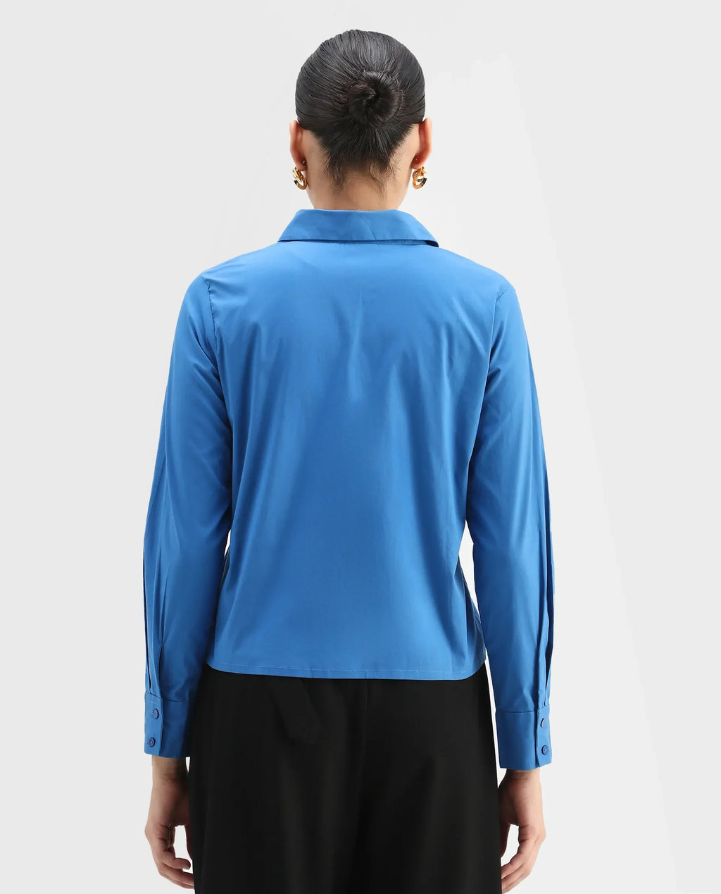 Rareism Women's Avica Blue Cotton Blend Drop Collar Plain Cuffed Sleeve Regular Fit Shirt