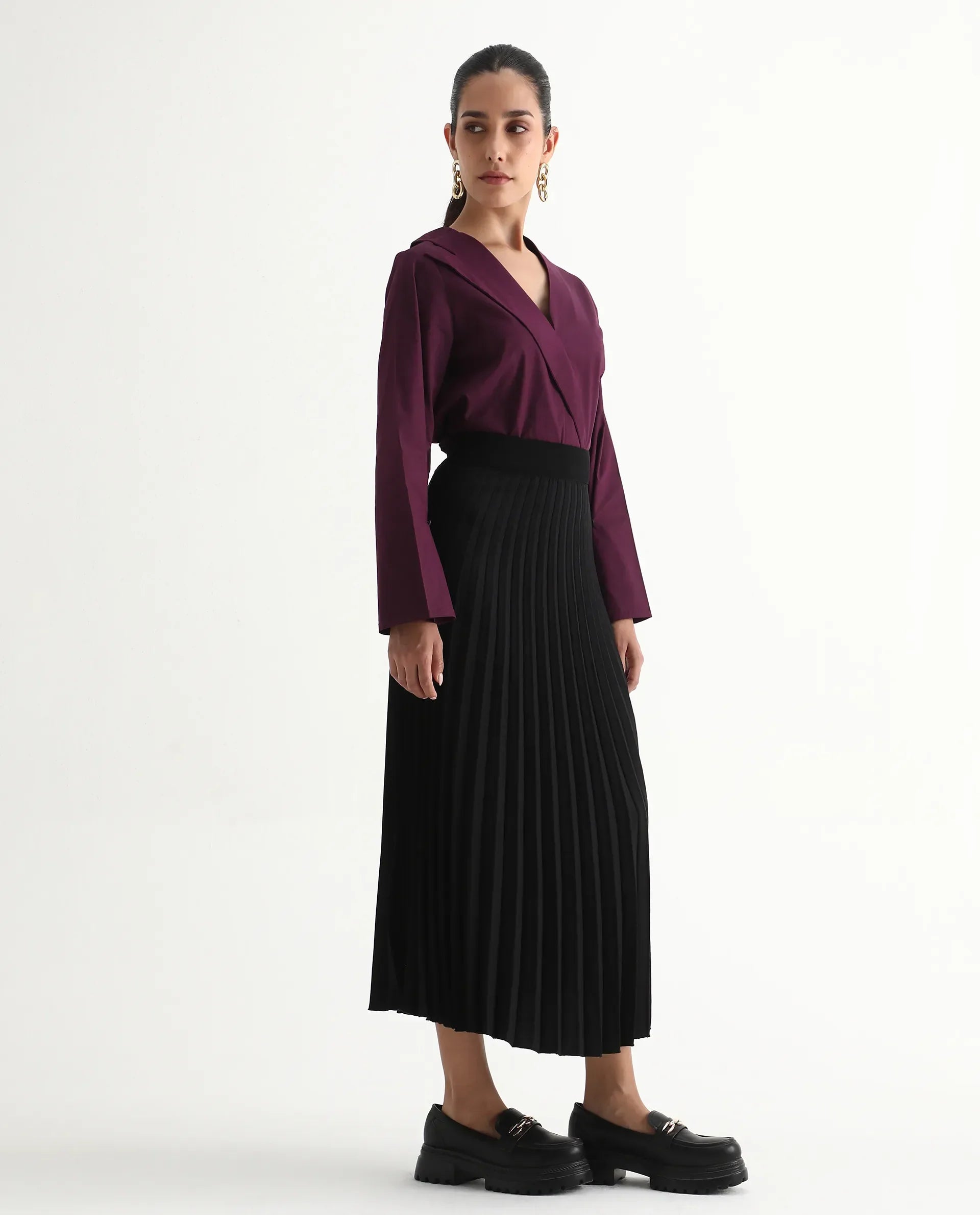 Rareism Women's Avid Black Polyester Flared Skirt