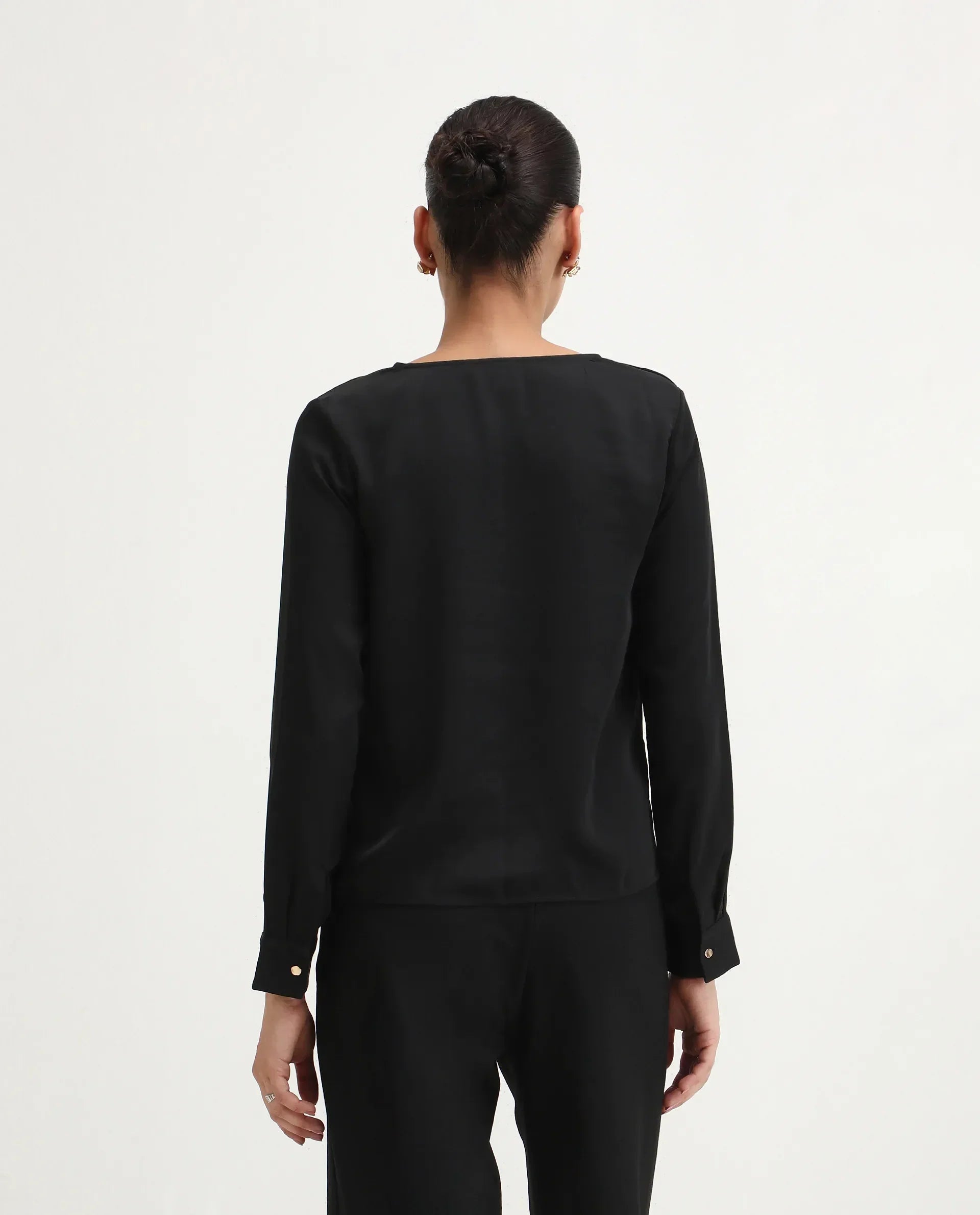 Rareism Women's Avier Black Polyester Cowl Neck Regular Fit Plain Top