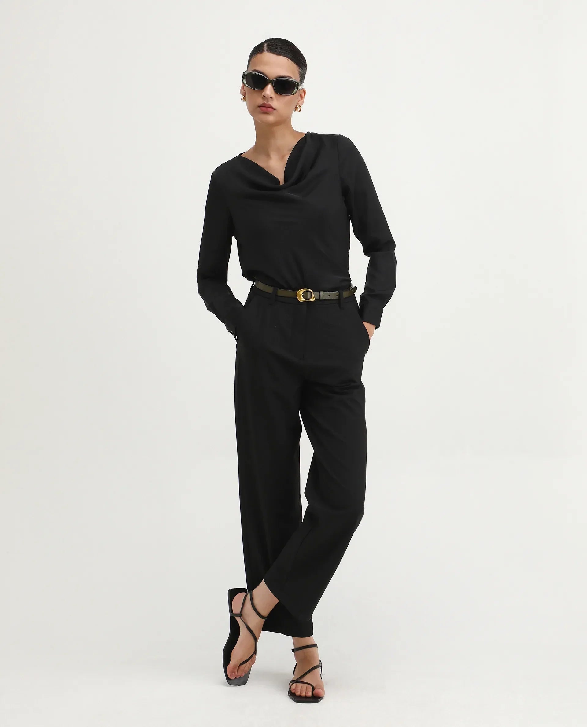 Rareism Women's Avier Black Polyester Cowl Neck Regular Fit Plain Top