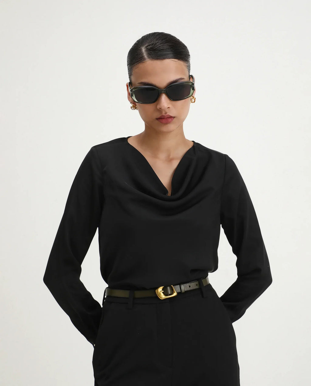 Rareism Women's Avier Black Polyester Cowl Neck Regular Fit Plain Top
