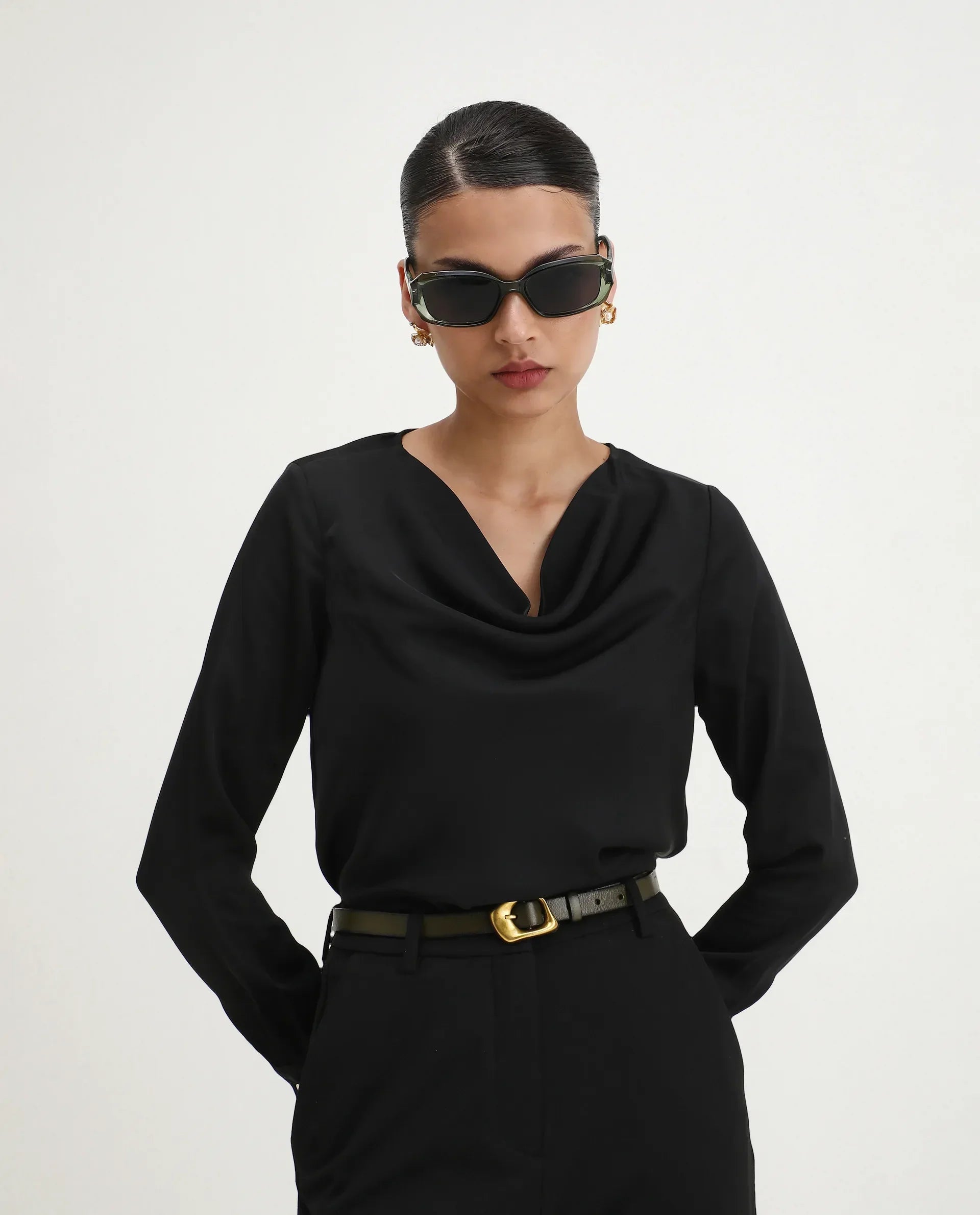 Rareism Women's Avier Black Polyester Cowl Neck Regular Fit Plain Top