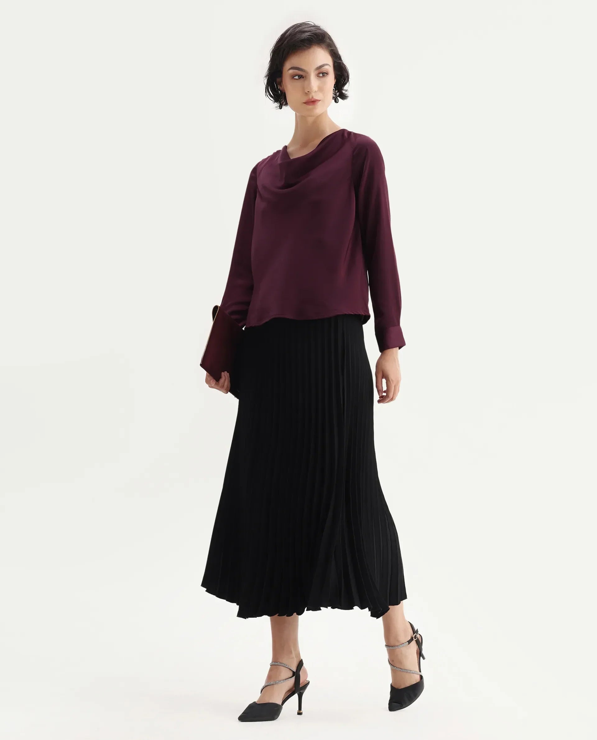 Rareism Women's Avier Maroon Polyester Cowl Neck Regular Fit Plain Top