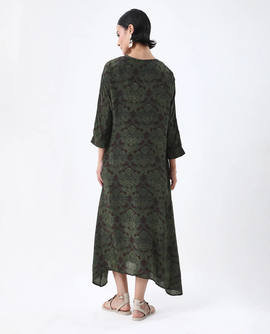 Rareism Women's Avika Green Viscose Round Neck Relaxed Fit Dress