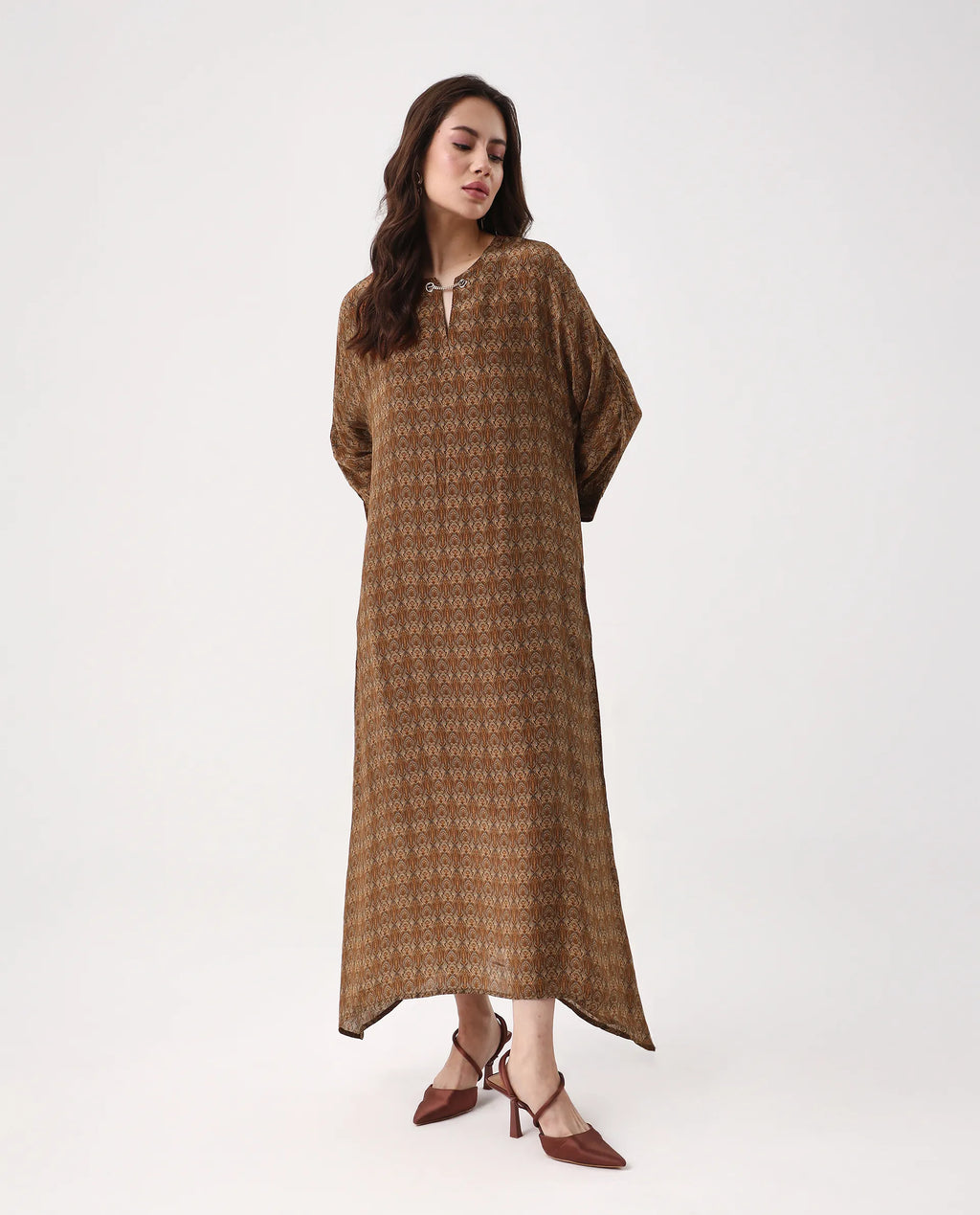 Rareism Women's Avikan Mustard Viscose Crew Neck Relaxed Fit Dress