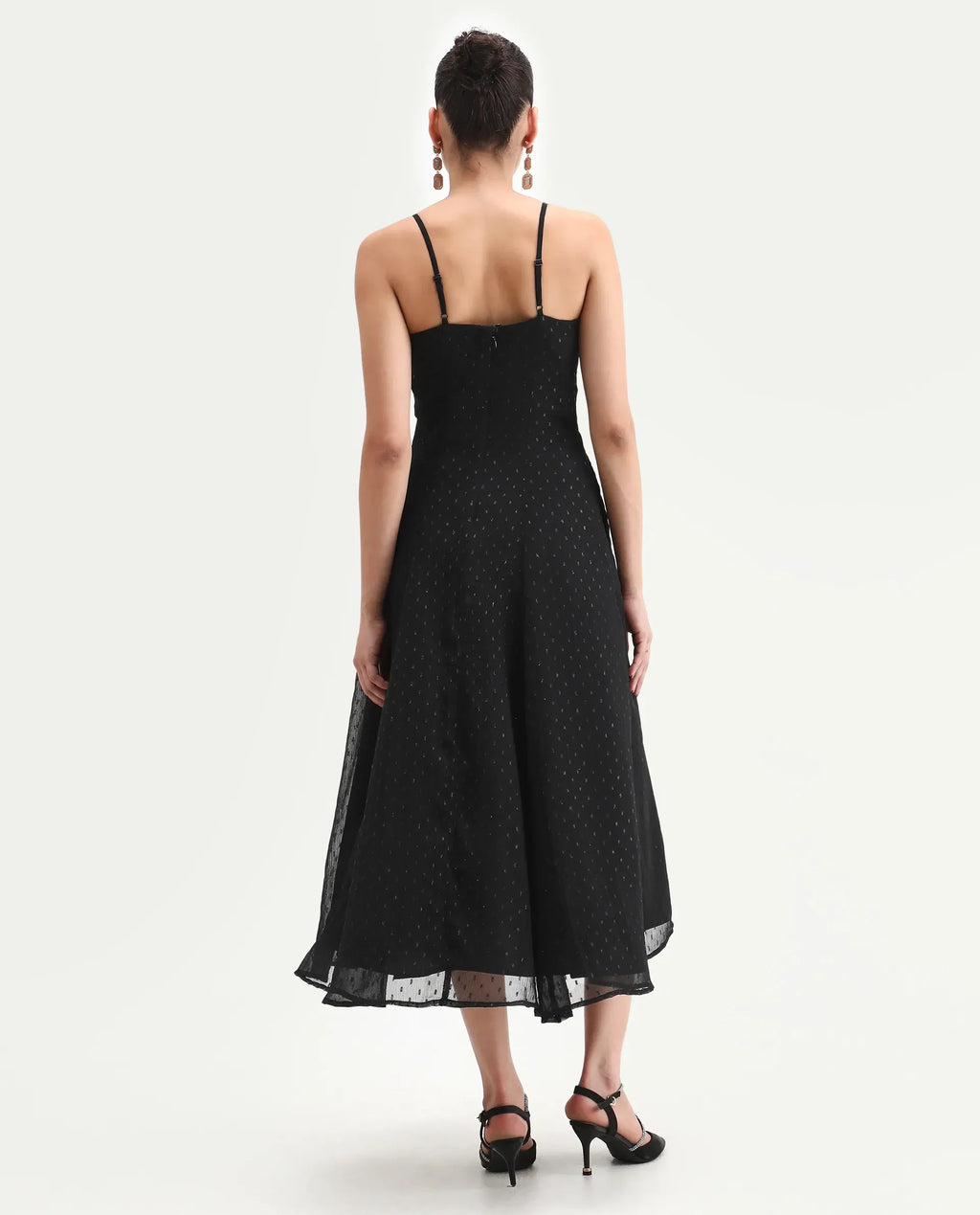 Rareism Women's Aviliz Black Polyester Shoulder Straps Fit And Flare Plain Dress