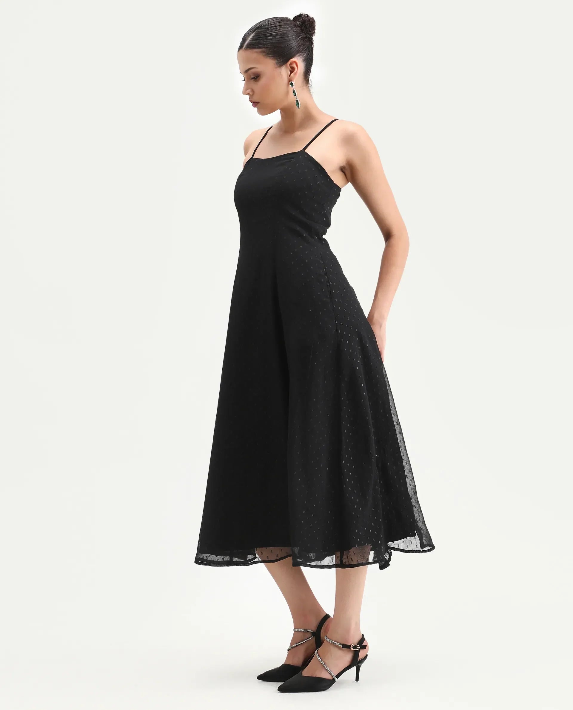 Rareism Women's Aviliz Black Polyester Shoulder Straps Fit And Flare Plain Dress