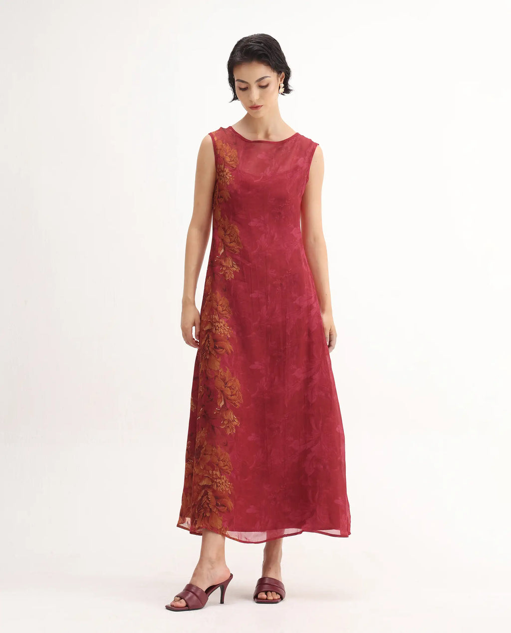 Rareism Women's Avins Pink Viscose Organza Round Neck Fit And Flare Printed Dress