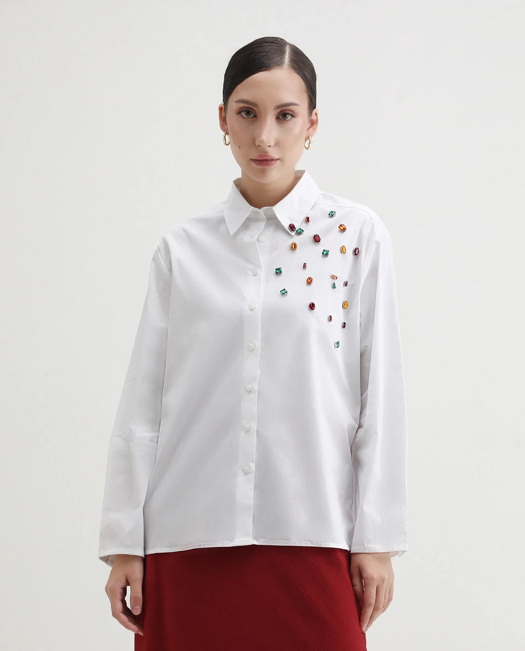 Rareism Women's Avion White Cotton Blend Collared Neck Boxy Fit Shirt