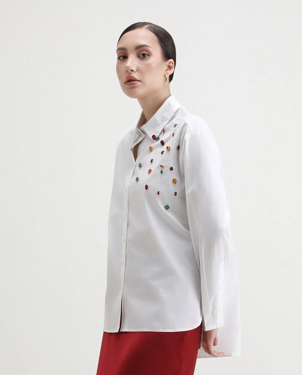 Rareism Women's Avion White Cotton Blend Collared Neck Boxy Fit Shirt