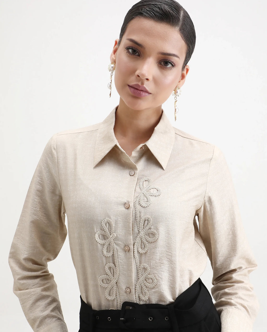 Rareism Women's Avira Beige Nylon Blend Spread Collar Regular Fit Shirt