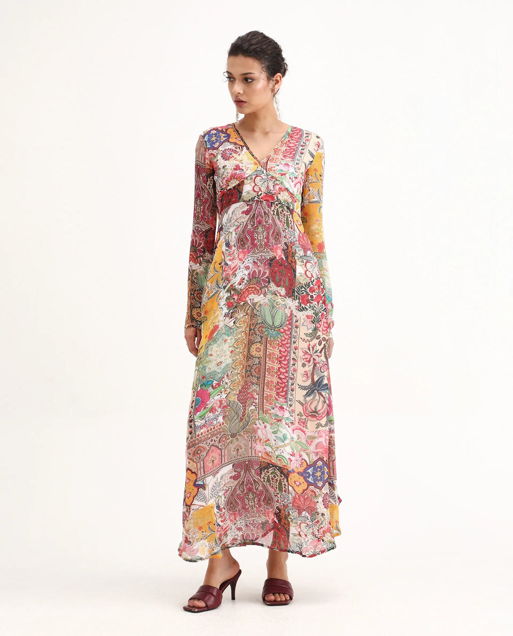 Rareism Women's Avirin Multi Viscose V-Neck Fit And Flare Abstract Print Dress