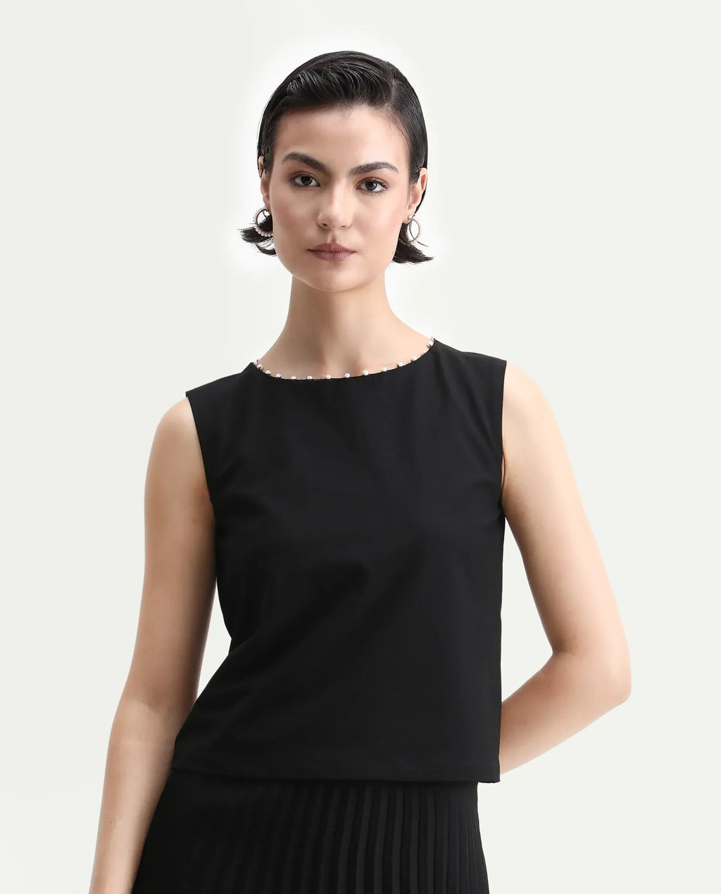 Rareism Women's Avisa Black Polyester Blend Boat Neck Boxy Fit Plain Top