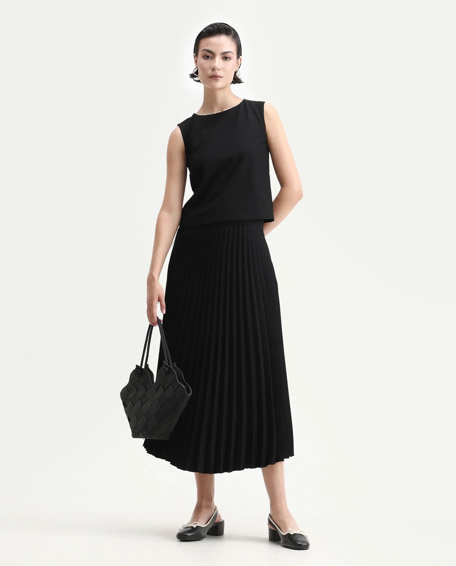 Rareism Women's Avisa Black Polyester Blend Boat Neck Boxy Fit Plain Top