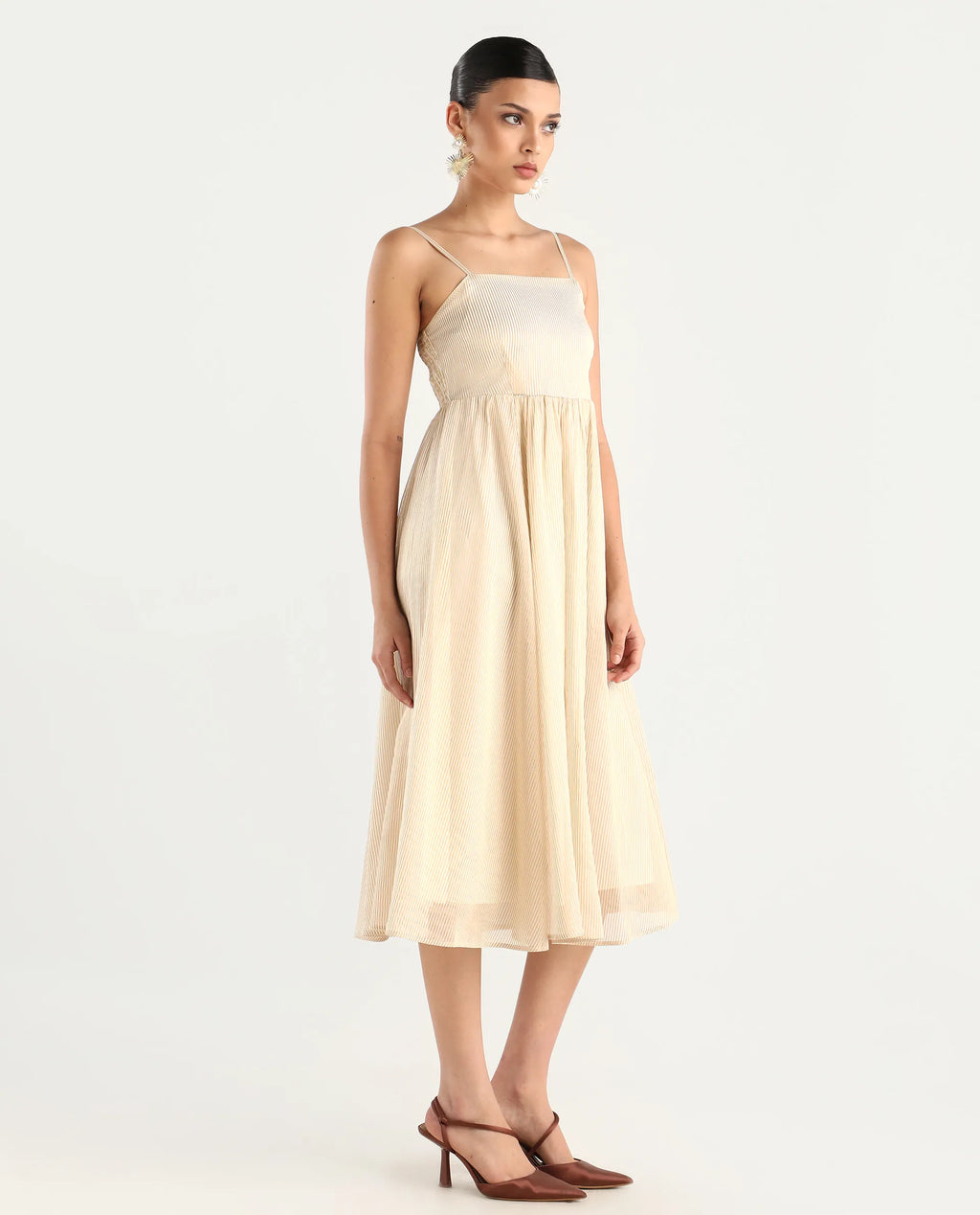 Rareism Women Avisnat Off White Elastic Closure Fit And Flared Midi Length Striped Dress
