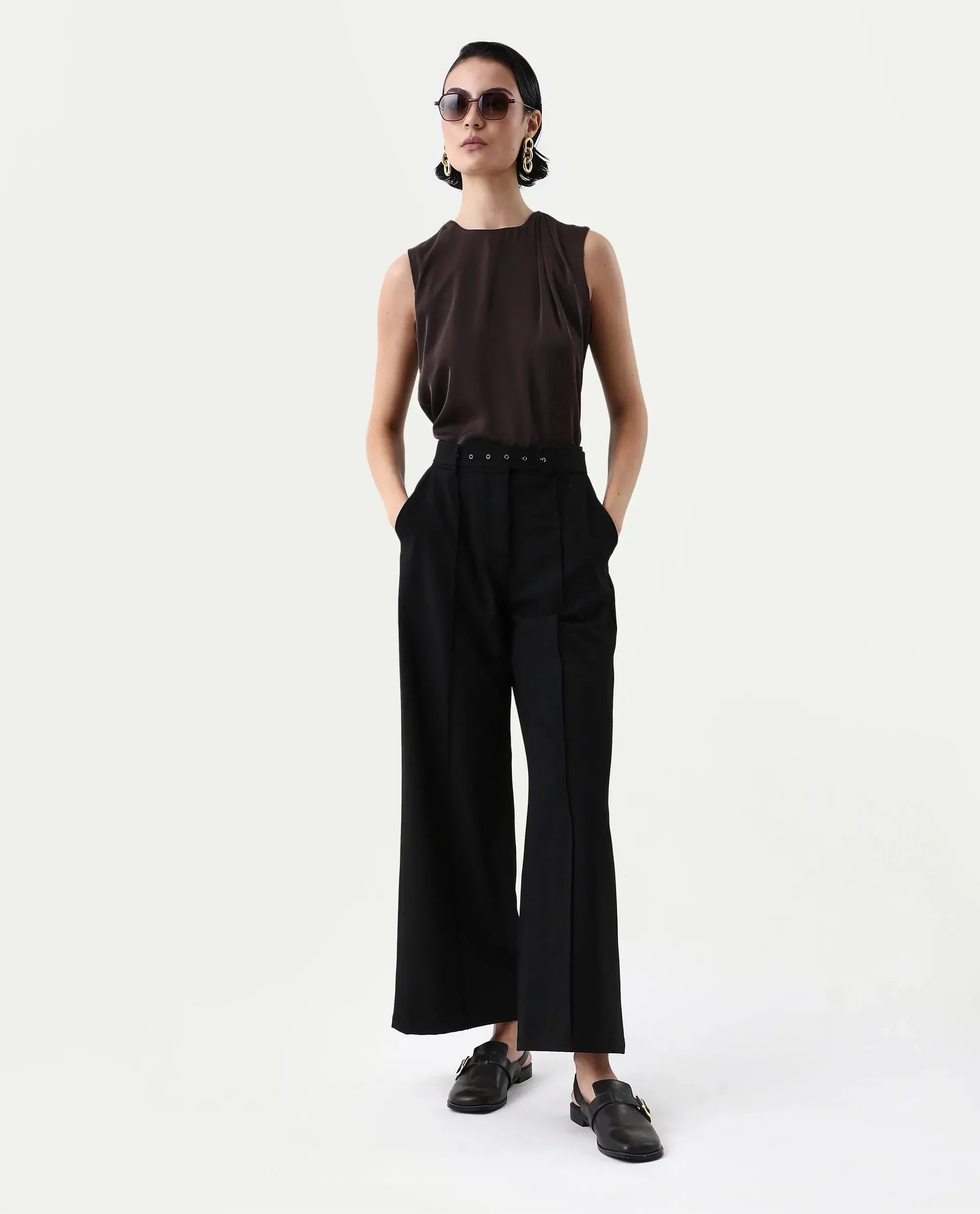 Rareism Women's Aviso Brown Polyester Round Neck Regular Fit Plain Top