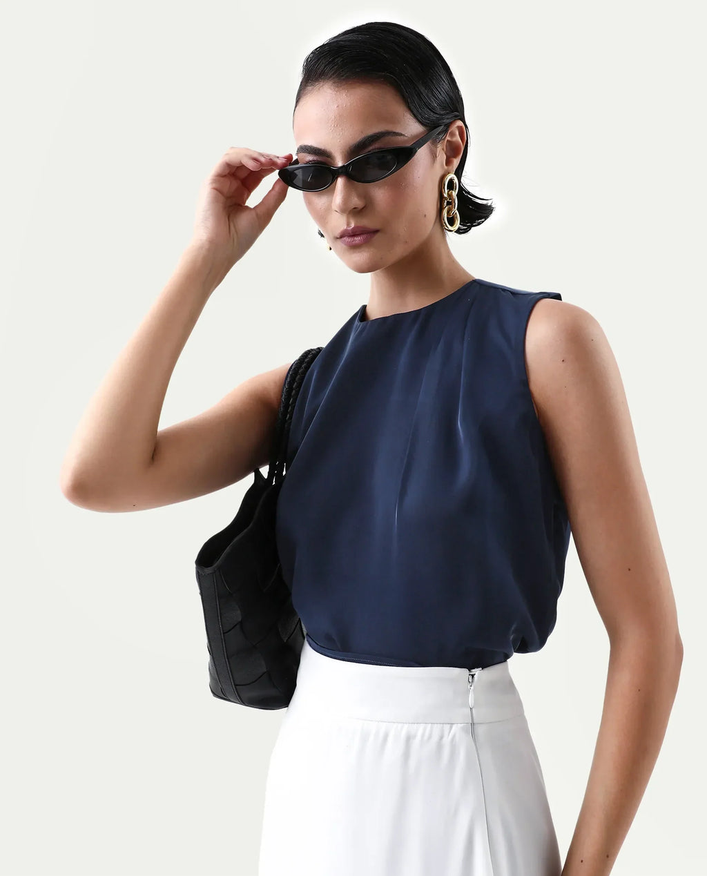Rareism Women's Aviso Navy Polyester Round Neck Regular Fit Plain Top