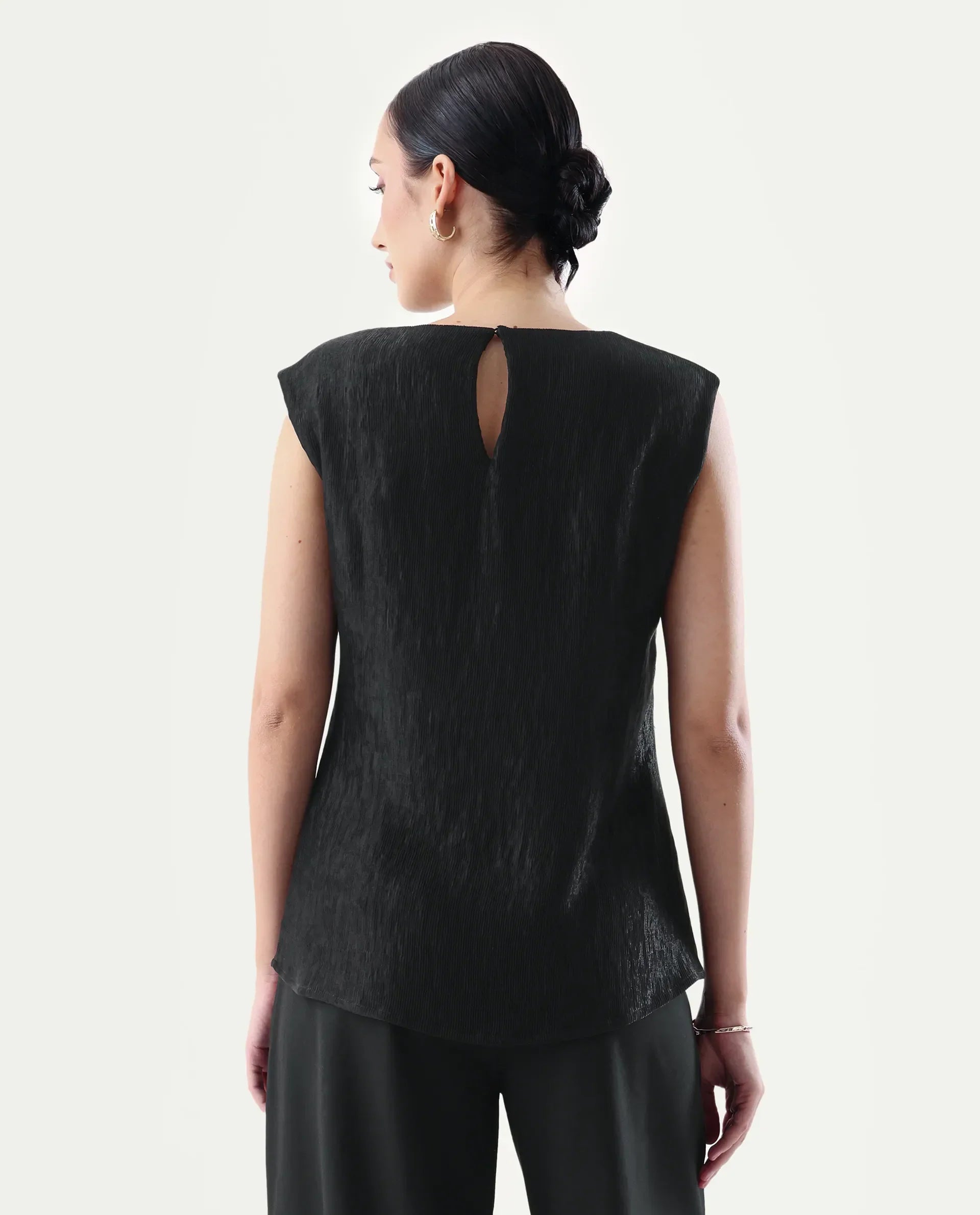Rareism Women's Avisyn Black Nylon Blend Crew Neck Regular Fit Plain Top