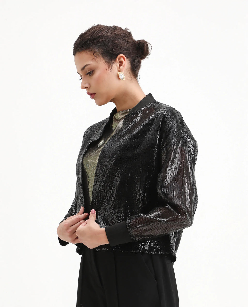 Rareism Women's Aviuby Black Polyester Ribbed Collar Regular Fit Jacket