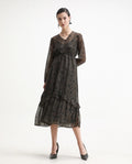 Rareism Women's Aviup Olive Polyester V-Neck Fit And Flare Floral Print Midi Dress