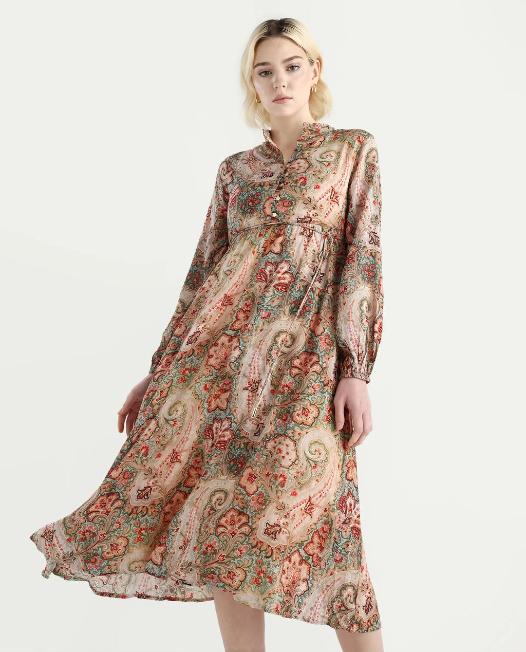 Rareism Women's Aviura Olive 100% Modal Band Collar Fit And Flare Printed Midi Dress